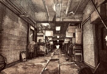 air_conditioner box cabinet can ceiling_light cupboard door drink_can graphite_(medium) hallway highres ibsukionsen industrial_pipe ladder no_humans original scenery tools traditional_media