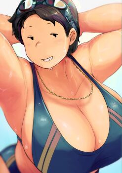 1girl armpits bikini black_hair breasts cleavage eyewear_on_head goggles goggles_on_head grin highres huge_breasts hunter_rank_e jewelry mob_face necklace original plump short_hair smile solo swimsuit teeth wet