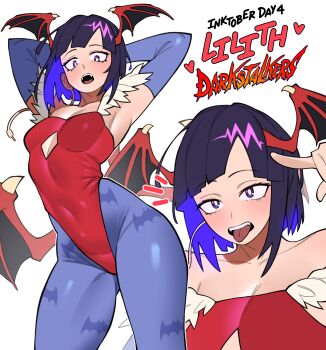 1girl animal_print bat_print bat_print_pantyhose bat_wings boku_no_hero_academia breasts capcom collarbone cosplay darkstalkers female_focus head_wings jiro_kyoka leotard lilith_(darkstalkers) lilith_(darkstalkers)_(cosplay) looking_at_viewer loopvoid low_wings matching_hair/eyes multiple_views open_mouth pantyhose purple_eyes purple_hair red_leotard sidelocks strapless strapless_leotard teeth tongue tongue_out upper_teeth_only wings