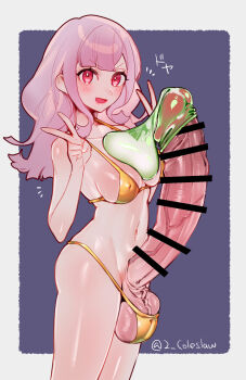 1futa bar_censor bikini breasts censored condom condom_on_penis cowboy_shot double_v erection from_side futanari gigantic_penis gold_bikini hands_up highres huge_penis huge_testicles long_hair looking_at_viewer looking_to_the_side medium_breasts mirin_chikuwa navel open_mouth original penis pink_hair red_eyes smile solo swimsuit testicles used_condom used_condom_on_penis v veins veiny_penis
