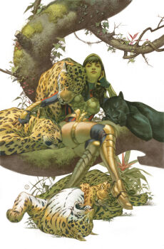 animal armor armored_boots bindweed black_fur black_hair boots bracelet branch breasts closed_eyes crossed_legs curly_hair dc_comics fingerless_gloves flower gauntlets gloves green_leaf hair_over_shoulder hairband in_tree jaguar jewelry julian_totino_tedesco jungle knee_pads leaf leotard long_hair long_sleeves looking_at_viewer lying moss nature on_back on_ground open_mouth panther petting red_leaf simple_background sitting sitting_in_tree sleeping sleeping_on_tree slit_pupils thighhighs thighhighs_under_boots tree turtleneck two-tone_fur white_background white_fur yara_flor yellow_fur