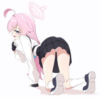 absurdres ahoge aqua_necktie ass bare_legs bent_over black_gloves black_skirt blue_archive blue_eyes blue_necktie blush chest_harness chest_strap fingerless_gloves from_behind gloves half-closed_eyes halo hand_support hand_up harness heterochromia highres hoshino_(blue_archive) huge_ahoge kandori kneepits loli long_hair long_sleeves looking_at_viewer looking_back miniskirt necktie open_mouth panties pink_hair pink_halo plaid_clothes plaid_skirt pleated_skirt shirt shirt_tucked_in simple_background skirt smile socks soles solo sweatdrop thighs underwear very_long_hair white_background white_panties white_shirt white_socks yellow_eyes
