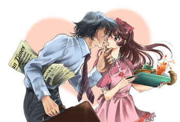 Rule 34 | 1boy, 1girl, apron, belt, black belt, black hair, black pants, blue shirt, blush, bow, briefcase, brown hair, brown necktie, carrying, carrying under arm, cherry tomato, closed mouth, collared shirt, commentary request, couple, cowboy shot, croissant, cucumber, cucumber slice, cup, diagonal-striped clothes, diagonal-striped necktie, dress, drinking glass, face-to-face, food, grey eyes, hair bow, heart, heart background, hetero, holding, holding briefcase, holding tray, imminent kiss, jewelry, juice, leaning forward, lettuce, lipstick, long hair, long sleeves, looking at another, makeup, nail polish, nao70110, necktie, newspaper, orange juice, original, pants, parted lips, pink apron, pink dress, pink lips, pink nails, profile, puckered lips, puffy short sleeves, puffy sleeves, red bow, ring, salad, shirt, short hair, short sleeves, spilling, standing, striped clothes, tomato, tray, wedding ring