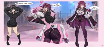 2girls absurdres ass_expansion black_hair black_hoodie black_jacket black_socks blood boots borrowed_character breast_expansion character_transformation clare_(erasethismail) collared_shirt commentary english_commentary eyewear_on_head gloves grey_shirt highres honkai:_star_rail honkai_(series) hood hoodie jacket jacket_on_shoulders kafka_(honkai:_star_rail) long_hair long_sleeves multiple_girls nosebleed open_mouth original panties purple_footwear purple_gloves purple_hair purple_panties purple_shorts shirt short_hair shorts single_thigh_boot slemka socks sunglasses surprised thigh_boots transformation underwear