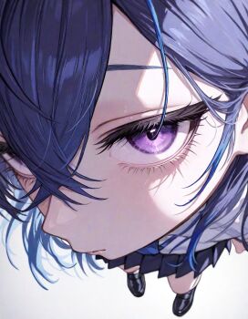 1girl blue_hair close-up closed_mouth from_above hair_between_eyes ichinose_uruha looking_at_viewer perspective pleated_skirt purple_eyes purple_hair skirt solo suta_(kantenggg) virtual_youtuber vspo! white_background
