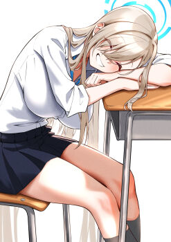 1girl absurdres asuna_(blue_archive) asuna_(school_uniform)_(blue_archive) black_skirt blonde_hair blue_archive blue_halo blush breasts chair closed_eyes grin hair_over_one_eye halo highres large_breasts leaning_on_table long_hair sayu_mypace shirt sitting skirt sleeves_rolled_up smile solo table thighs very_long_hair white_background white_shirt