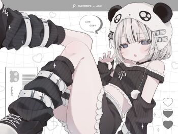 Rule 34 | 1girl, :o, arm warmers, bare shoulders, belted leg warmers, black arm warmers, black hair, black leg warmers, black shoes, black skirt, blunt bangs, borrowed character, claw pose, commentary, commission, crop top, cropped shirt, double-parted bangs, foot out of frame, frilled skirt, frills, grid background, hand up, hat, highres, itetenoi, leg warmers, looking at viewer, midriff, miniskirt, multicolored hair, navel, open mouth, original, panda hat, ribbed leg warmers, shirt, shoes, short hair, skeb commission, skirt, sleeveless, sleeveless shirt, sneakers, solo, streaked hair, two-tone hair, white background, white hair, white hat, white shirt