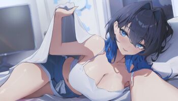 1girl :d absurdres bare_arms black_hair blue_eyes blue_hair blue_shorts breasts camisole cleavage colored_inner_hair commentary crop_top double-parted_bangs english_commentary hair_between_eyes hair_intakes highres hololive hololive_english indoors large_breasts long_hair looking_at_viewer lying midriff multicolored_hair navel on_side open_mouth ouro_kronii reaching reaching_towards_viewer short_shorts shorts smile solo teeth under_covers upper_teeth_only virtual_youtuber white_camisole wolf_cut yoellim5