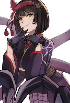 Rule 34 | 1girl, arthropod girl, black gloves, black hair, black kimono, blunt bangs, bob cut, corset, daweykun, gloves, hairband, highres, insect girl, japanese clothes, kimono, light smile, mio (tsuki ga michibiku isekai douchuu), red hairband, short hair, simple background, solo, spider girl, spider web print, tsuki ga michibiku isekai douchuu, white background, yellow eyes