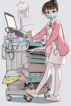 1girl badge blue_eyes breasts brown_hair button_badge cable cardigan cart character_badge collared_dress commentary_request computer copyright_name doraemon doraemon_(character) drawer dress foot_up from_side full_body grey_background hair_bun highres holding id_card iv_stand laptop long_sleeves looking_to_the_side mask mouth_mask nurse office_lady_taiwan open_cardigan open_clothes pantyhose pink_cardigan shadow shoes short_dress short_hair sidelighting simple_background single_hair_bun small_breasts sneakers solo standing standing_on_one_leg surgical_mask tennohi tissue_box trash_can turning_head watch white_dress white_pantyhose white_shoes wristwatch