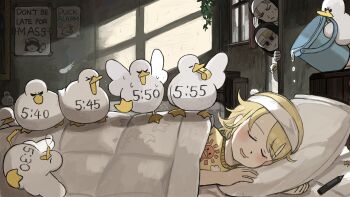 >_< 3girls bird blanket blonde_hair blouse body_writing bucket bucket_of_water chicken chicken_feet closed_eyes clumsy_nun_(diva) commentary diva_(hyxpk) doorway duck empty_eyes english_commentary evil_smile facepalm feathers footprints hat highres little_nuns_(diva) lying marker mole mole_on_cheek multiple_girls nightcap nose_bubble nun on_bed on_side out_of_frame peeking picture_frame pillow poster_(object) shaded_face shirt sleeping slice_of_life smile spicy_nun_(diva) star_ornament strict_nun_(diva) time traditional_nun whistle window yellow_hat yellow_shirt