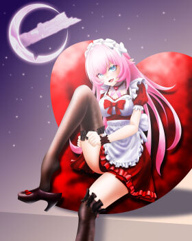 1girl absurdres adjusting_clothes adjusting_legwear alternate_costume apron astral_express_(honkai:_star_rail) black_thighhighs blue_eyes breasts commentary_request couch crescent_moon cyrene_(honkai:_star_rail) cyrene_(ripples_of_past_reverie)_(honkai:_star_rail) dress high_heels highres honkai:_star_rail honkai_(series) long_hair looking_at_viewer maid maid_apron maid_headdress medium_breasts moon on_couch open_mouth pink_hair pointy_ears red_dress sky solo star_(sky) starry_sky thighhighs thighs very_long_hair white_apron winterer