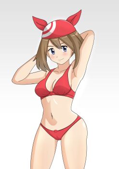 1girl absurdres alexkonakona armpits arms_up bandana bikini blue_eyes blush breasts brown_hair cleavage closed_mouth cowboy_shot grey_background highres looking_at_viewer may_(pokemon) medium_breasts navel nintendo pokemon pokemon_rse red_bandana red_bikini simple_background smile solo swimsuit