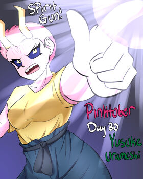 1girl absurdres acidart artist_name ashido_mina black_sclera blue_pants boku_no_hero_academia colored_sclera colored_skin cosplay female_focus finger_gun highres horns martial_arts_belt pants pink_hair pink_skin rei_gun shirt short_hair solo teeth upper_teeth_only urameshi_yusuke urameshi_yusuke_(cosplay) urameshi_yuusuke urameshi_yuusuke_(cosplay) yellow_eyes yellow_horns yellow_shirt yuu_yuu_hakusho