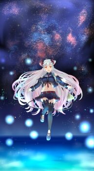 1girl :d arms_at_sides bare_shoulders belt between_breasts black_shirt black_shoes black_skirt black_sleeves black_thighhighs black_vest breasts circle_skirt cleavage_cutout clothing_cutout collared_shirt commentary_request cone_hair_bun crop_top cropped_shirt cropped_vest demon_girl demon_horns demon_tail detached_sleeves double_bun frilled_skirt frills glowing_floor gradient_hair grey_hair hair_bun haniwa_(leaf_garden) headgear high_heels highres horns knees_up large_breasts long_hair long_sleeves lowleg lowleg_skirt midriff miniskirt multicolored_hair nanashi_inc. navel necktie necktie_between_breasts open_clothes open_mouth open_vest orange_eyes outstretched_arms pink_hair pink_streaks platform_heels platform_shoes pleated_skirt pointy_ears red_belt red_horns red_necktie shirt shoes side_up_bun skirt skirt_flip sleeveless sleeveless_shirt smile solo standing standing_on_one_leg stirrup_legwear streaked_hair suou_patra suou_patra_(1st_costume) tail thighhighs toeless_legwear very_long_hair vest virtual_youtuber wide_hips