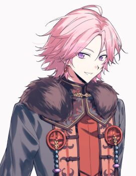 Rule 34 | 1boy, black jacket, chinese clothes, chinese commentary, commentary request, earrings, ensemble stars!, eyes visible through hair, fur trim, grin, highres, iro (kakerairo), jacket, jewelry, male focus, open clothes, open jacket, oukawa kohaku, pink hair, purple eyes, red shirt, shirt, short hair, simple background, smile, solo, tassel, tassel earrings, tsurime, upper body, white background