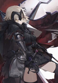 1girl absurdres armor armored_dress black_cloak black_dress black_thighhighs breasts chain cloak collar commentary_request dress fate/grand_order fate_(series) faulds flag fur-trimmed_cloak fur_trim gauntlets grey_hair headpiece highres jeanne_d'arc_alter_(avenger)_(fate) jeanne_d'arc_alter_(fate) large_breasts looking_at_viewer megu_(jim48834420) metal_collar plackart polearm short_hair solo sword thighhighs thighs weapon yellow_eyes