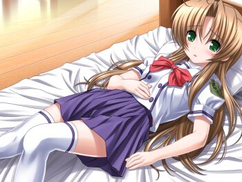 1girl bed blue_skirt blush bow bowtie brown_hair game_cg green_eyes hair_intakes higuchi_isami indoors kusunoki_sae long_hair looking_at_viewer lying mahou_shoujo_sae miniskirt non-web_source official_art on_back open_mouth pillow pleated_skirt red_bow red_bowtie school_uniform shirt short_sleeves skirt solo thighhighs variant_set very_long_hair white_shirt white_thighhighs wooden_floor zettai_ryouiki