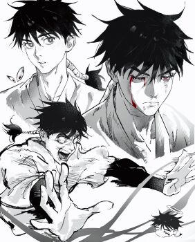 1boy black_hair bleeding blood bloody_tears closed_eyes commentary cropped_torso eulbhitomi grey_eyes greyscale halo highres japanese_clothes jujutsu_kaisen looking_at_viewer male_focus medium_hair monochrome one_eye_closed open_mouth outstretched_arms ponytail red_eyes simple_background solo solo_focus white_background zen'in_ranta