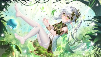 1girl absurdres bare_shoulders blush bracelet cape closed_mouth commentary_request dahe_zhuang_(yishi_fanhua) day detached_sleeves dress floating_hair from_side full_body fungi_(genshin_impact) genshin_impact gold_trim gradient_hair green_cape green_eyes green_hair green_sleeves highres jewelry long_hair multicolored_hair nahida_(genshin_impact) on_swing outdoors paid_reward_available pantyhose pointy_ears side_ponytail sitting sleeveless sleeveless_dress slime_(genshin_impact) smile solo swing symbol-shaped_pupils tree variant_set white_dress white_hair white_pantyhose