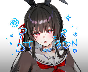 1girl :p animal_ear_hairband animal_ears black_hair blue_pupils blush breasts chisa_(wuthering_waves) commentary cropped english_commentary fake_animal_ears foxyreine hair_ribbon hairband highres large_breasts long_hair looking_at_viewer mole mole_under_eye neckerchief paid_reward_available rabbit_ear_hairband rabbit_ears red_eyes red_neckerchief red_ribbon ribbon sailor_collar solo tongue tongue_out white_sailor_collar wuthering_waves