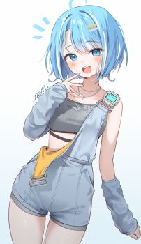 Rule 34 | 1girl, absurdres, ahoge, arahashi tabi, arm warmers, artist name, bandaid, bandaid on face, blue eyes, blush, breasts, collarbone, commentary, cowboy shot, crop top, dated, grey arm warmers, grey shirt, hair ornament, hairclip, highres, ika (4801055), jewelry, looking at viewer, necklace, open mouth, parallel hairclips, shirt, short hair, signature, simple background, small breasts, solo, standing, stellive, suspenders, suspenders hanging, swept bangs, symbol-only commentary, teeth, upper teeth only, virtual youtuber, white background