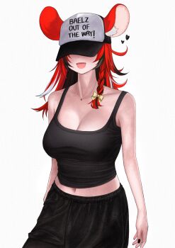 1girl animal_ears baseball_cap black_hair black_nails black_pants black_tank_top breasts cleavage ears_through_headwear hakos_baelz hat highres hololive hololive_english jewelry large_breasts mouse_ears mouse_girl multicolored_hair navel necklace open_mouth pants red_hair sharp_teeth solo sweatpants tank_top teeth unmeidesu virtual_youtuber white_streaks