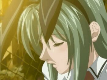 Rule 34 | 00s, 1girl, 2005, animal ears, animated, animated gif, bible black, bible black only, blush, breathing, closed eyes, fake ears, green hair, implied fingering, ito mika, long hair, lowres, necktie, outdoors, rabbit ears, school, school uniform, sunset, tagme