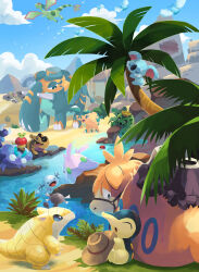absurdres apple applin bridle cacnea camerupt cloud commentary_request copperajah cowboy_hat cufant cyndaquil day flygon flying food fruit gen_1_pokemon gen_2_pokemon gen_3_pokemon gen_4_pokemon gen_5_pokemon gen_6_pokemon gen_7_pokemon gen_8_pokemon gimmighoul gimmighoul_(roaming) goomy grass hat highres hippowdon hippowdon_(male) klawf komala nintendo no_humans outdoors paldean_wooper pokemon pokemon_(creature) rock sandile sandshrew sitting skorupi sky sleeping standing swablu toneko tree water wooper