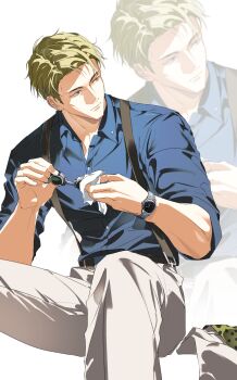 Rule 34 | 1boy, blonde hair, blue shirt, buttons, cleaning eyewear, closed mouth, collared shirt, goggles, highres, jujutsu kaisen, looking to the side, male focus, nanami kento, pants, shirt, short hair, simple background, sitting, sleeves rolled up, solo, wanko (rnmmrn), watch, white pants, white shirt, wristwatch, zoom layer
