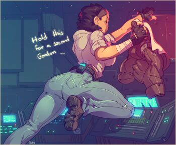 1girl alyx_vance artist_name ass bandaged_arm bandages belt black_gloves black_hair bomber_jacket boots breasts climbing combat_boots commentary control_station dark-skinned_female dark_skin denim english_commentary english_text fingerless_gloves from_behind gloves half-life half-life_(series) half-life_2 hood hood_down hoodie jacket jeans justrube large_breasts narrow_waist pants science_fiction short_hair sleeves_rolled_up solo thick_thighs thighs tomboy unworn_jacket ventilation_shaft walkie-talkie