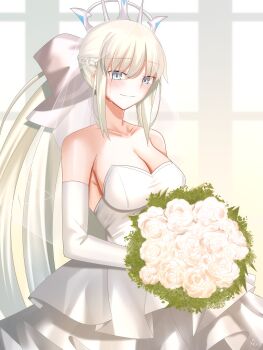 1girl absurdres blue_eyes blush bow braid breasts bride detached_sleeves dress fate/grand_order fate_(series) flower hair_between_eyes hair_bow half_up_braid highres long_hair looking_at_viewer morgan_le_fay_(fate) ponytail rey_r31_44 simple_background smile solo wedding_dress white_hair white_tiara