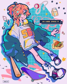 1girl :p ace_(playing_card) ace_of_hearts alternate_costume ankle_socks artist_name bandage_on_knee baseball_bat blue_eyes blue_jacket blue_outline blue_ribbon blue_skirt braid bread_bun burger card casual cheese commentary_request dialogue_box drawstring drink_carton english_text food full_body grid_background hair_ornament hairclip heart highres holding holding_baseball_bat hood hoodie jacket jiki_(jiki_9) juice juice_box lettuce long_hair long_sleeves loose_socks lopera_(reverse:1999) meat multicolored_eyes notice_lines number_print open_clothes open_jacket orange_hair orange_juice outline paw_print pink_outline playing_card reverse:1999 ribbon shoes single_braid single_off_shoulder skateboard skirt sliced_cheese sneakers socks solo star_(symbol) tomato tomato_slice tongue tongue_out two-tone_eyes unzipped white_hoodie wrap_(food) yellow_eyes yo-yo zipper