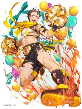 1boy balloon black_boots black_shorts boots brown_hair character_request cheerleader copyright_notice heart_balloon holding holding_pom_poms kicking mahou_tsukai_to_kuroneko_no_wiz male_focus official_art open_mouth pom_pom_(cheerleading) pom_poms scarf shirt short_hair shorts so-taro star_balloon teeth toned toned_male torn_clothes torn_shorts upper_teeth_only white_shirt wrestler yellow_scarf