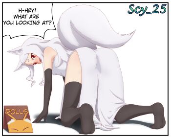 1girl 2025 absurdres all_fours animal_ear_fluff animal_ears ass ass_focus black_gloves black_thighhighs blush breasts elbow_gloves english_text facial_mark fang fox_ears fox_girl fox_tail gloves highres japanese_clothes long_hair looking_at_viewer looking_back open_mouth red_eyes scy_25 sewayaki_kitsune_no_senko-san shiro_(sewayaki_kitsune_no_senko-san) small_breasts solo speech_bubble tail thick_eyebrows thighhighs watermark whisker_markings white_hair white_tail