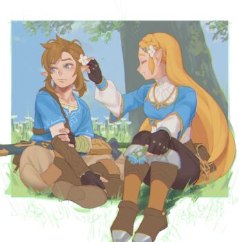 1boy 1girl averting_eyes black_pants blonde_hair blue_eyes blue_shirt boots brown_footwear brown_hair brown_pants champion's_tunic_(zelda) closed_eyes flower hair_flower hair_ornament highres indian_style ivy_(sena0119) knees_up link looking_to_the_side nintendo outdoors pants pointy_ears princess_zelda shirt sitting smile the_legend_of_zelda the_legend_of_zelda:_breath_of_the_wild tree under_tree white_flower