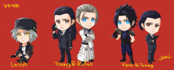 4boys armor artist_name belt bindi black_footwear black_gloves black_hair black_neckwear black_suit blue_eyes boots brown_eyes cellphone character_name closed_mouth collar crisis_core:_final_fantasy_vii crossed_arms final_fantasy final_fantasy_vii final_fantasy_vii_remake formal_clothes frown full_body gloves grey_hair gun hat jacket leslie_kyle long_hair male_focus multiple_belts multiple_boys necktie over_shoulder parted_bangs phone red_background rufus_shinra shoes short_hair shoulder_armor signature simple_background sitting smile spiked_hair square_enix standing suit sword sword_over_shoulder talking tseng turks_(ff7) turtleneck weapon weapon_over_shoulder white_suit wing_collar yellow_eyes zack_fair