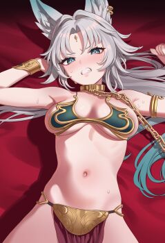1girl absurdres animal_ears aqua_eyes aqua_hair blush breasts chain chain_around_neck clenched_teeth commentary commission cosplay english_commentary feixiao_(honkai:_star_rail) forehead_jewel fox_ears fox_girl gold_chain gradient_hair harem_outfit highres honkai:_star_rail honkai_(series) huttslayer_leia large_breasts long_hair looking_at_viewer lying multicolored_hair navel on_back pelvic_curtain princess_leia princess_leia_(cosplay) slave solo stomach sweat teeth two-tone_hair white_hair yan.c