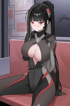 1boy 1girl absurdres arm_support arm_under_breasts black_bodysuit black_hair blue_archive blunt_bangs blush bodysuit breasts bright_pupils closed_mouth commentary_request doodle_sensei_(blue_archive) hair_ornament highres impossible_bodysuit impossible_clothes indoors large_breasts latex latex_bodysuit long_hair looking_at_viewer no_halo official_alternate_costume official_alternate_hairstyle open_bodysuit open_clothes ponytail red_eyes ringed_eyes rio_(blue_archive) rio_(bodysuit)_(blue_archive) sensei_(blue_archive) seueo shadow sidelocks sitting skin_tight solo_focus train_interior very_long_hair white_pupils