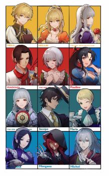 4boys 6+girls absurdres aida_yukimasa aiming aiming_at_viewer angry arashiko_falcom ascot beckoning black_cloak black_hair blonde_hair blood blood_on_face bloody_weapon blue_background blue_dress blue_hair blunt_bangs book braid breasts brown_eyes character_name chart choker cleavage cloak cup dress english_text fata_morgana_no_yakata floating floating_hair floating_object floating_weapon flower green_background green_eyes grey_hair hair_between_eyes half_updo hand_up hat hat_tip highres holding holding_book holding_flower holding_sword holding_tray holding_unworn_clothes holding_unworn_hat holding_weapon hood hood_up jacopo_bearzatti juliet_sleeves knife long_hair long_sleeves looking_at_viewer looking_down maid maid_headdress maria_campanella medium_breasts mell_rhodes michel_bollinger morgana_(fata_morgana_no_yakata) multiple_boys multiple_girls nellie_rhodes one_eye_closed orange_dress outside_border outstretched_arm pauline_asama pointing pointing_at_viewer ponytail puffy_sleeves reaching reaching_towards_viewer red_background red_eyes red_flower red_hair red_rose red_scarf ringlets rose scarf short_hair sidelocks simple_background skeletal_hand small_breasts smile straight_hair sword teacup the_maid_(fata_morgana_no_yakata) the_white-haired_girl_(fata_morgana_no_yakata) tray twin_braids twintails unworn_hat unworn_headwear upper_body weapon white_ascot yellow_ascot yellow_background yellow_eyes