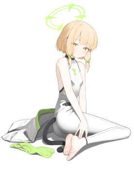 Rule 34 | 1girl, absurdres, barefoot, blonde hair, blue archive, feet, green eyes, green socks, highres, kabanoki, light blush, looking at viewer, medium hair, midori (blue archive), socks, soles, tail, toes, unworn socks