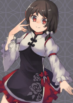 Rule 34 | 1girl, alternate costume, armlet, black tabard, braid, brown hair, chinese clothes, commentary request, feet out of frame, floral print, frilled sleeves, frills, highres, jewelry, juliet sleeves, long sleeves, no headwear, puffy sleeves, red eyes, red skirt, rose print, shukinuko, single braid, skirt, smile, tabard, touhou, usami renko, wide sleeves