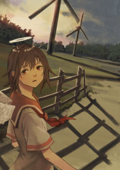 1girl absurdres angel_wings aquoo brown_eyes brown_hair commentary_request evening feathered_wings fence grass haibane_renmei halo highres looking_back messy_hair neckerchief orange_sailor_collar outdoors path rakka_(haibane_renmei) road sailor_collar scenery short_hair short_sleeves solo traditional_halo tree wind_turbine windmill wings