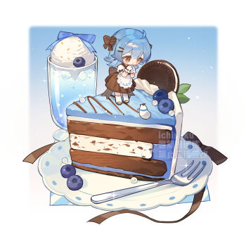 1girl artist_name blueberry blush cake cake_slice chibi chibi_only chinese_commentary closed_mouth commentary_request cookie cup drinking_glass food fork fruit full_body highres ice_cream ice_cream_float ichisaku mini_person minigirl original plate solo standing