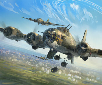 aerial_bomb aircraft aircraft_turret airplane artist_name b-17_flying_fortress ball_turret blue_sky bomb bomber browning_m2 cloud commentary contrail dated english_commentary explosive flying gun heavy_machine_gun highres julien_lepelletier machine_gun making-of_available male_focus military military_vehicle multiple_boys nose_art original outdoors propeller scenery signature sky united_states_air_force united_states_army vehicle_focus weapon world_war_ii