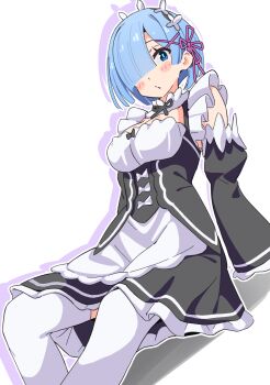 Rule 34 | 1girl, blue eyes, blue hair, blush, breasts, commentary request, detached sleeves, from below, hair ornament, hair over one eye, hair ribbon, highres, looking at viewer, maid, maid headdress, medium breasts, noyama takenoko, re:zero kara hajimeru isekai seikatsu, rem (re:zero), ribbon, roswaal mansion maid uniform, short hair, simple background, sitting, solo, thighhighs, white background, white thighhighs, x hair ornament