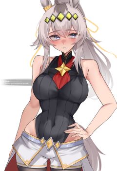 1girl absurdres ahoge alt_text animal_ears bare_shoulders black_leotard blue_eyes blush breasts brooch clothing_cutout commentary diamond_brooch ear_ornament english_commentary grey_hair grey_tail hair_between_eyes hair_ornament hair_ribbon hand_on_own_hip highres hip_vent horse_ears horse_girl horse_tail jewelry large_breasts leotard long_hair multicolored_hair neckerchief oguri_cap_(cinderella_gray)_(umamusume) oguri_cap_(umamusume) open_clothes overskirt ponytail red_neckerchief request_inset ribbon shorts simple_background solo star_brooch tail umamusume umamusume:_cinderella_gray white_shorts xkittyzx