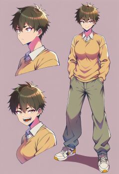 Rule 34 | 1girl, breasts, closed mouth, collared shirt, commentary request, full body, green pants, hands in pockets, highres, kisaragi shokuin, multiple views, open mouth, original, pants, shirt, shoes, short hair, smile, sneakers, solo, sweater, tomboy, white shirt