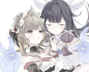 2girls bare_shoulders black_hair blue_eyes breasts brown_hair choker closed_eyes closed_mouth columbina_(genshin_impact) commentary eye_mask genshin_impact gloves hair_ornament headdress heekimoni highres light_blush long_hair mask medium_breasts multiple_girls parted_lips ribbon_choker sandrone_(genshin_impact) short_hair_with_long_locks simple_background upper_body white_background white_choker white_gloves white_mask wing_hair_ornament x_hair_ornament yuri