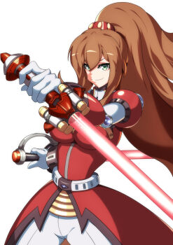 1girl absurdres armor breasts brown_hair clenched_hands cowboy_shot energy_sword green_eyes high-waist_pantyhose high_collar high_ponytail highres iris_(mega_man) iris_-another-_(mega_man) joints kotatuman_dash large_breasts long_hair looking_at_viewer mega_man_(series) mega_man_x_(series) mega_man_x_dive military military_uniform pantyhose ponytail rapier red_armor robot_joints simple_background smile solo solo_focus sword very_long_hair weapon white_background